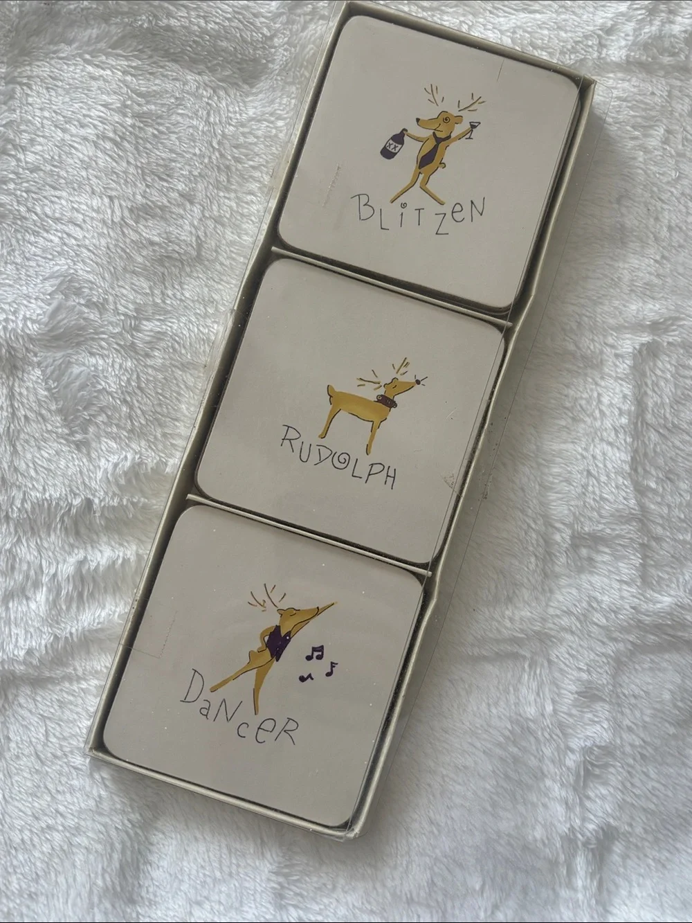 Pottery Barn Holiday Reindeer Cork Coaster Set in Cream, Gold, Navy